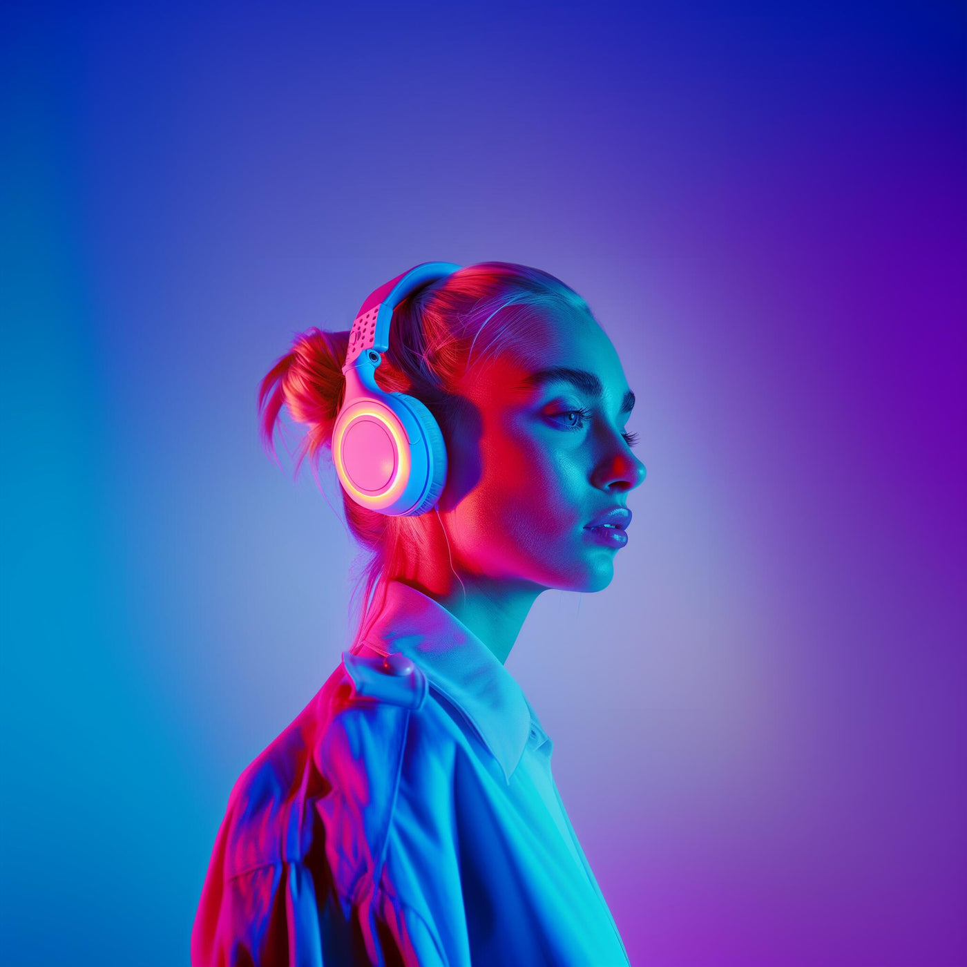 Profile of a woman with headphones against a vibrant blue and pink background, highlighting modern audio culture.